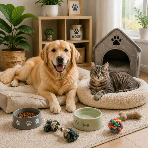 Dog and cat with practical pet care essentials