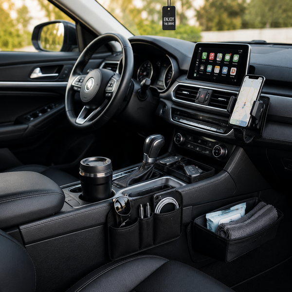 Clean organised car interior with useful accessories