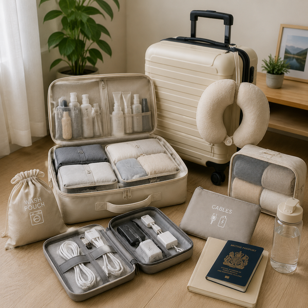 Organised suitcase with travel and packing essentials