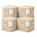 Four beige 22 litre collapsible bedding storage bags with clear windows, zips and handles