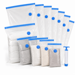 Twelve transparent vacuum storage bags with blue valves and manual hand pump