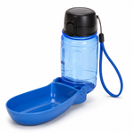 Blue foldable dog water bottle with integrated drinking bowl