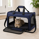 Small adult cat resting inside a blue soft-sided travel carrier