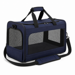 Blue soft pet carrier rear view with mesh panels and storage pocket