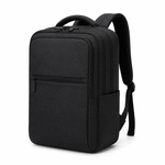 Black compact cabin backpack side profile and zip detail