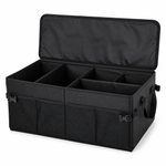 Open black car boot organiser with divided storage compartments