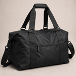 Black travel duffel bag showing front zip pocket and adjustable shoulder strap