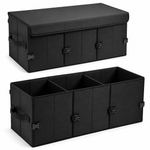 Black foldable car boot organiser shown with and without lid