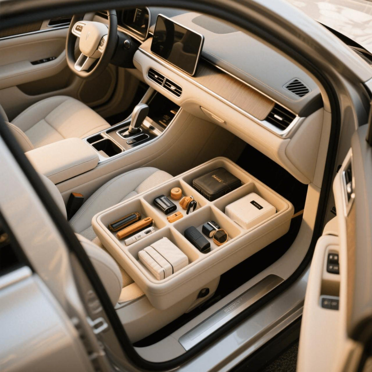 Clean organised car interior with practical accessories