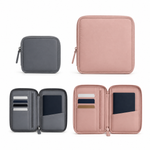 Grey and pink passport holder wallets shown in small and medium sizes