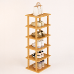 Six-tier bamboo shoe rack with shoes on a clean background