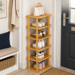 Six-tier bamboo shoe rack organised beside a home entrance
