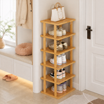 Tall bamboo shoe rack providing compact footwear storage in a hallway