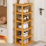 Close view of six-tier bamboo shoe rack shelves and footwear storage