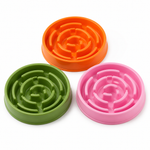 Green orange and pink anti-gulp slow feeder pet bowls