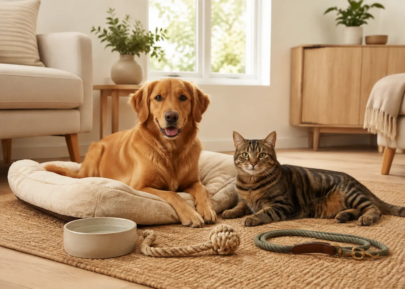 Golden retriever and tabby cat relaxing with everyday pet essentials in a bright home